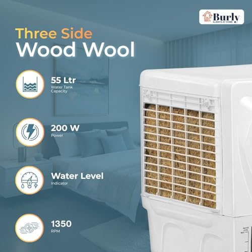 Image of Bhaburly Chill 55L Window Air Cooler for Home Powerful Air Throw Dual Side Water Inlet Wood Wool 1350 RPM 200 W 1 Year Warranty 8 inch Blower 3200 cmh Inverter Compatible 1 yr Warranty