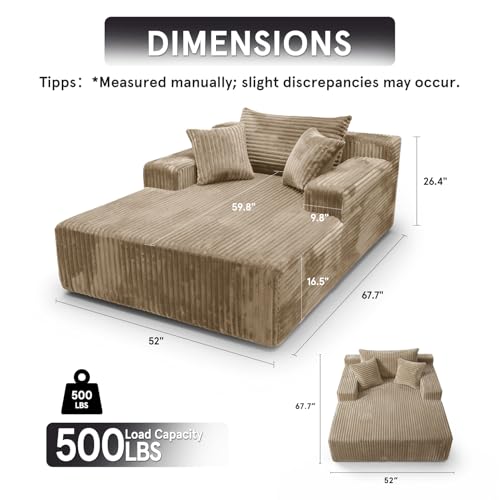 Image of Sytopia Chaise Lounge with Armrests, Oversized Sofa Bed with 3 Pillows, Cozy Couch, Sleeper Reading Chair for Living Room Bedroom, Floor Sofa Corduroy, Furniture Sala, Cashmere Beige
