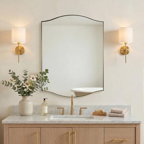 Image of ANDY STAR Scalloped Bathroom Mirror,24 inchx32 inch Gold Rectangle Wall Mirror with Curved Edge Stainless Steel Metal Frame, Brass Vanity Wall-Mounted Mirror for Bathroom, Entryway