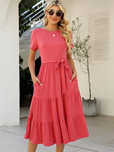 Image of Lyrur Women's Dresses Casual Summer Tiered Midi Dress Short Sleeve Belted Ruffle Babydoll Boho Sundress with Pockets