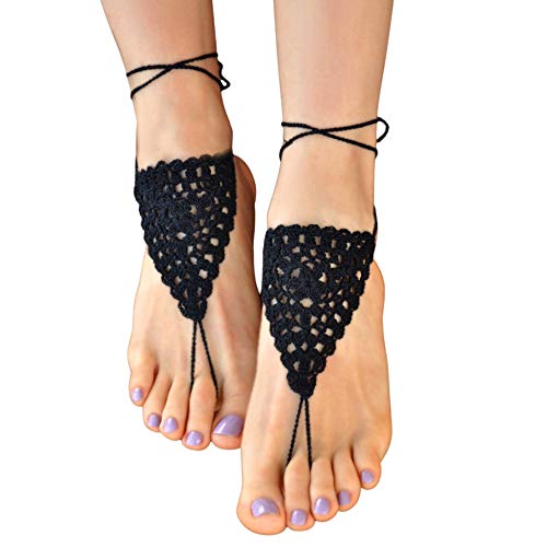 Triangle Lace Woman Barefoot Sandals Foot Jewelry, Bridesmaids Gift (Black)