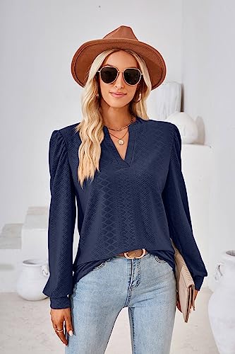 Women Tops Blouse Causal Shirts Puff Long Sleeve Tunic V Neck2