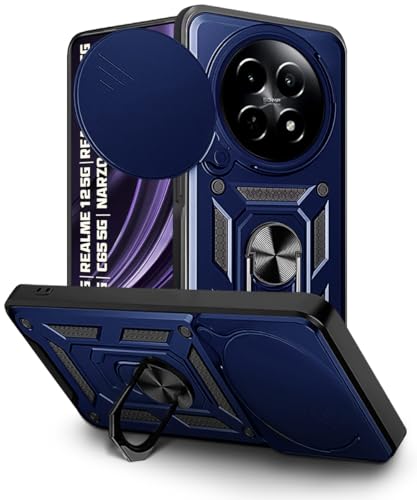 Image of WOW IMAGINE Tough Armor Bumper Mobile Back Case for Realme 13 5G | Realme 12 5G | 12X 5G | Narzo 70x 5G | C65 5G | N65 | Sliding Camera Shield Cover | Hybrid PC + TPU | Ring Holder with Stand - Blue
