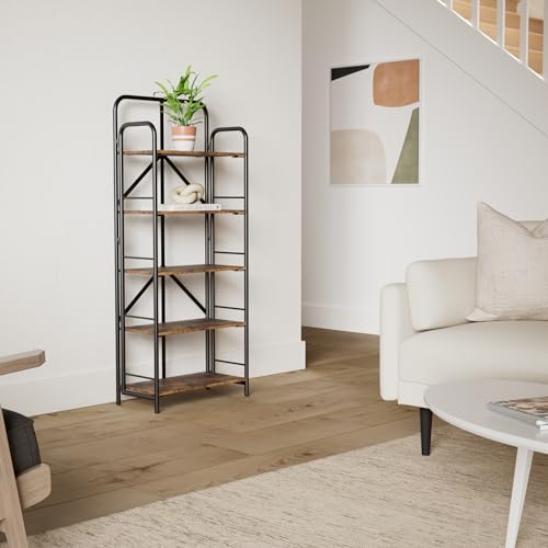 Image of 4NM No Assembly Folding Bookshelf, 5 Tiers Collapsible Book Shelves Open Industrial Foldable Storage Bookcase Shelf for Bedroom, Living Room, Home Office - Rustic Brown and Black