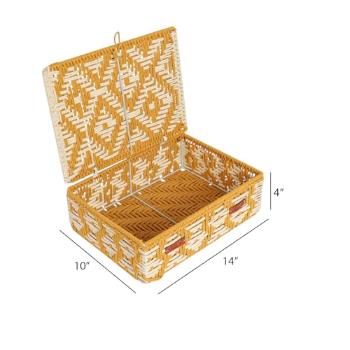 Image of Kaahira Handmade Decorative Storage Box and Organiser | Macrame Gift Hamper Box for Cosmetics, Toiletries & Return Gifts | Aesthetic Rope Woven Organizer (Yellow and White, Large - 14x10x4 inches)