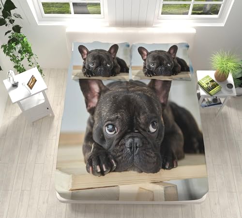 Lenzuolo con Angoli Matrimoniale Bulldog Francese Lenzuola Sotto 3D Cane Nero Microfibra Coprimaterasso 150x200 cm Profondità 30cm per Letti Matrimoniali King Size e4463