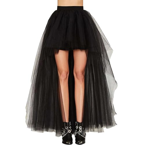 Women's Gothic High Low Tulle Skirt - 5 Layer Black Dovetail Mesh Skirt with Satin Lining for Party, Prom, Evening