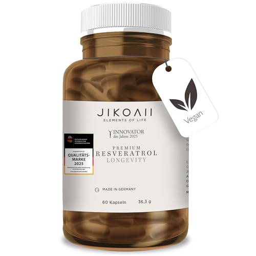 JIKOAII Premium Resveratrol Kapseln - 500 mg trans-Resveratrol Veri-te pro Kapsel - 98% Reinheit - vegan, laborgeprüft & ohne Zusatzstoffe - 60 Kapseln - nachhaltige Fermentation - Made in Germany
