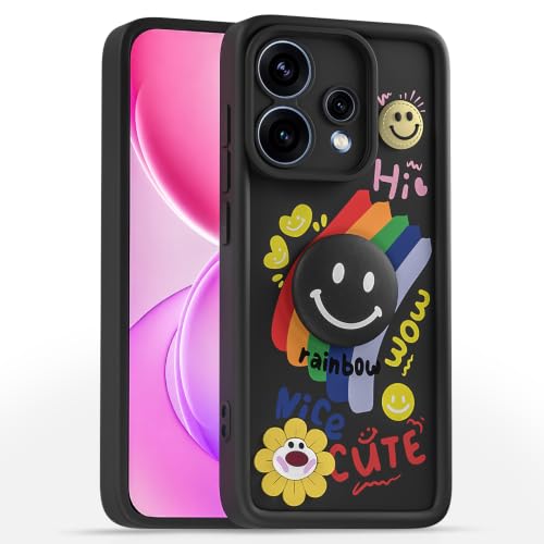 Image of Pikkme Back Cover for Oppo Reno 15F 5G | Soft Silicone| Cute Rainbow Smile & 3D Cartoon Flower Design | Shockproof Raised Camera Protection Bumper Case (Black)