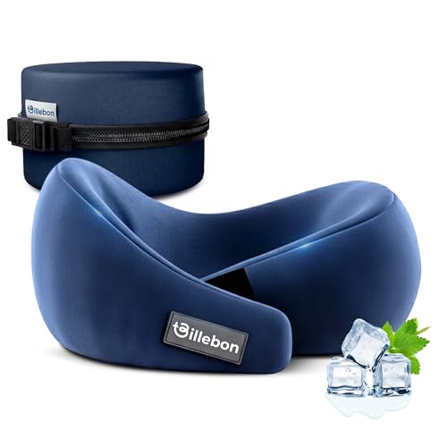 Image of Billebon Gel Infused Memory Foam Neck Pillow with Case, Travel Pillow with Adjustable Velcro Straps, Neck Pillow for Travelling & Flight Travel, Ergonomic Support for Comfort & Pain Relief (Blue)