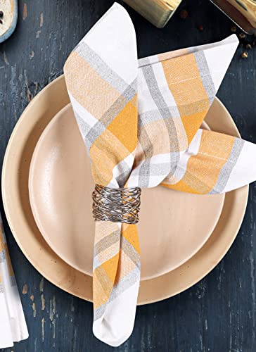 Farmhouse Springfield Plaid Dinner Cloth Napkins 100% Cotton Cloth Napkins Set Of 6 Size 20" X 20" Yellow Multi Dinner Napkin, Dining Table For Napkins #TOP6