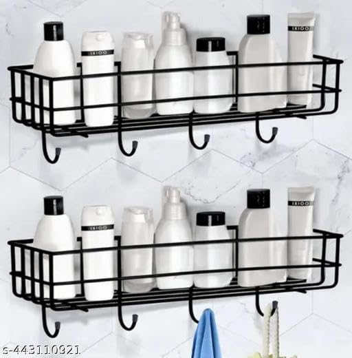 (Pack of 2) Steel Self-Adhesive Multipurpose Bathroom Shelf with Hooks/Towel Holder/Rack/Bathroom Accessories-Wall Mount - Pack of 2 (Black,Powder Coated) 3