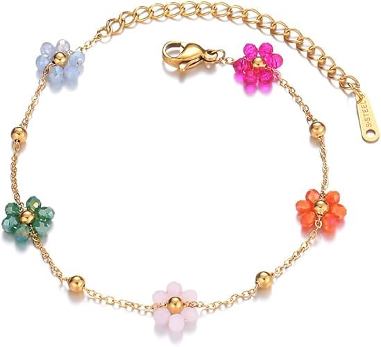 Gold Plated Multi Color Crystal Floral Charm Bracelet for Women and Girls | Adjustable Dainty Beaded Daisy Flower Chain Bracelets-image-15