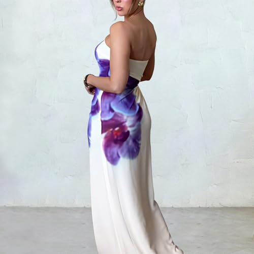 Image of Women Y2k Strapless Maxi Dress Summer Backless Floral Long Tube Dress Off Shoulder Cocktail Party Dress