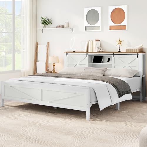YITAHOME Farmhouse King Size Bed Frame with Headboard, Bookcase Storage Shelves, Sliding Barn Door, Charging Station, Rustic Wood Platform Bed, No Box Spring Needed, White
