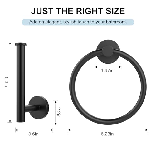 Image of SetSail Towel Holder for Bathroom Wall Matte Black Stainless Steel Bathroom Accessories Set Includes Towel Ring and Toilet Paper Holder, Drill Hole