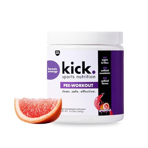 Image of Kick Pre Workout Powder, Grapefruit Flavor, 30 Servings, L Theanine, Amino Acids, L Glutamine, and Caffeine to Support Energy & Fitness Performance, No Sugar, No Artificial Sweeteners or Flavors