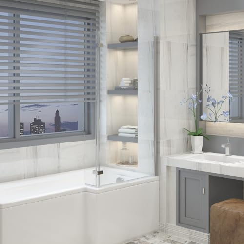 Aquariss Chrome 1400x810mm Pivot L Shape Bath Screen with Hinged Folding Return Panel 6mm Toughened Safety Glass