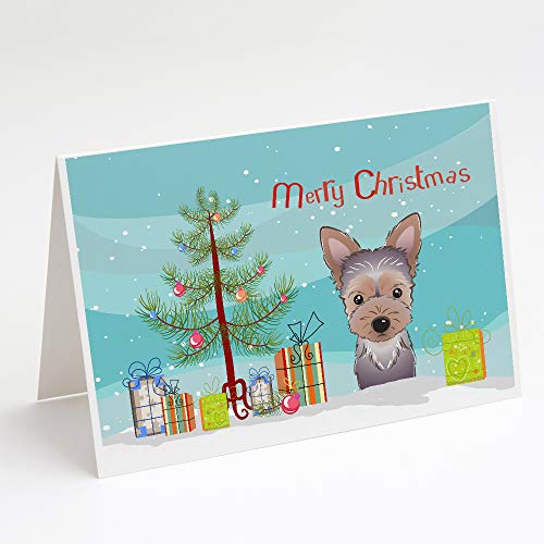 Caroline's Treasures BB1604GCA7P Christmas Tree and Yorkie Puppy Greeting Cards and Envelopes Pack of 8 Blank Cards with Envelopes Whimsical A7 Size 5x7 Blank Note Cards
