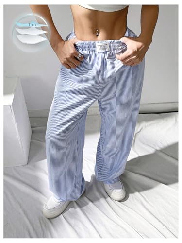 Floerns Women's Striped Elastic Waist Pants Straight Leg Casual Trousers with Pocket2