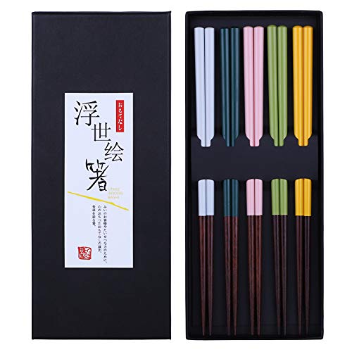 Antner 5 Pairs Wooden Chopsticks Reusable Japanese Minimalism Style Chop Sticks Multicolor Dishwasher Safe Chopstick 88 Inch225cm
