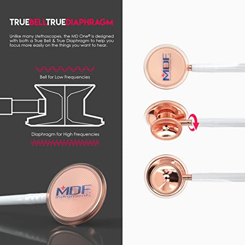 Image of MDF Instruments, Engravable - MDF Rosegold MD One Stainless Steel Personalized Custom Stethoscope, Adult, White Tube, Rosegold Chestpieces-Headset, MDF777RG29-ENGRAVING | Dual head, Trusted since 1971, Lifetime warranty, Free-Parts-for-Life, Latex-free, For doctors, nurses, students, home health