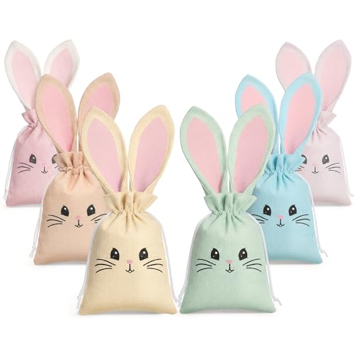 Sunnymove 24 Pcs Easter Bunny Gift Bags Party Favor Birthday Decoration Reusable Rabbit Drawstring Treat Goodie Bag for Some Bunny Is One Easter Baby Shower Candy Garden Tea Party Supplies (Pastel)