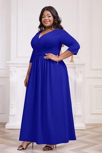 Image of Runwind Plus Size Maxi Dress 3 /4 Sleeve V-Neck Pleated Faux Buttons Pockets