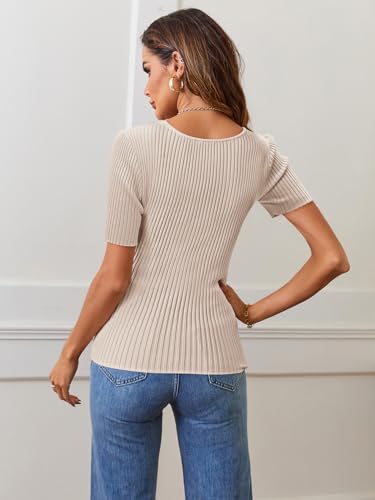 MEROKEETY Women's Summer Casual Short Sleeve T Shirts 2025 Basic Square Neck Ribbed Knit Fitted Tee Tops3