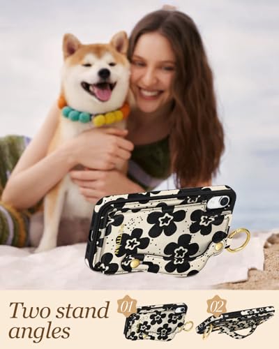 Petitian for iPhone XR Case with Wallet - Women Girls Cute Girly Aesthetic Unique Design Leather Credit Card Holder Cardholder Stand Wristband for iPhone XR, Black Flower - image 5