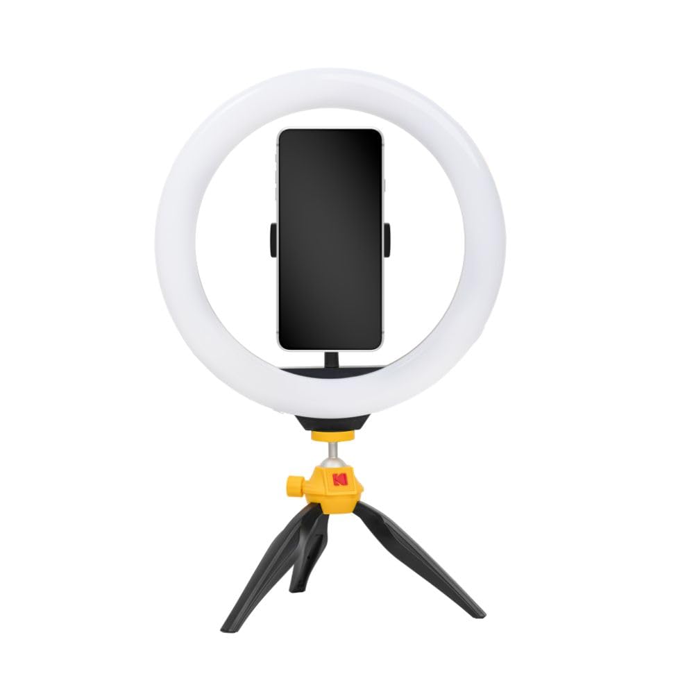 KODAK LED Selfie Ring Light - Trépied, Smartphones 25 cm de Diamètre, Luminosité et Balance des Couleurs Réglables, 1600 Lumens, Idéal pour Instagram, Snapchat, TikTok et Plus - Blanc