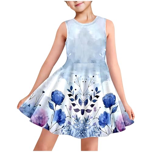 Lemoiitea Vestido de verano para niñas, con estampado floral, plisado, sin mangas, cuello redondo, casual, con bolsillos, para exteriores, 3-13 años, 17 y multicolor, 7 años
