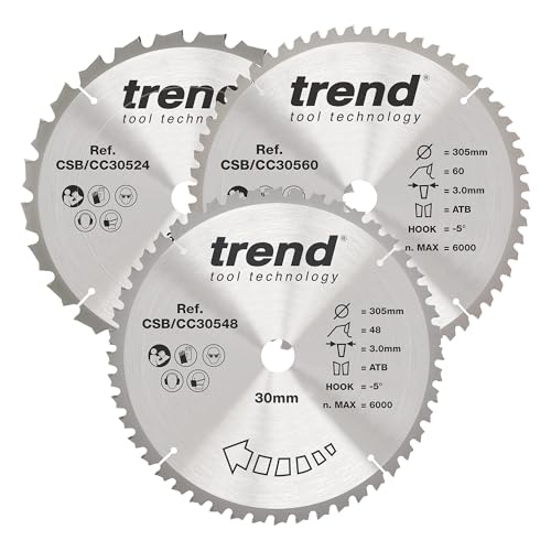Trend Wood Mitre Saw Blade, 305mm Diameter, 30mm Bore, 24/48/60 Teeth, 3.0mm Kerf, -5° Hook, TCT, Coarse/Medium/Fine Finish, 3 Pack, CSB/CC305/3/A