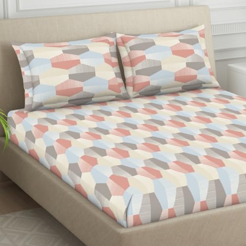 Image of Welspun Polycotton Double Bedsheets with 2 Pillow Covers Soft & Skin Safe Bed Sheets - Harmony | 120 Tc (Geometric-Faded Pink)