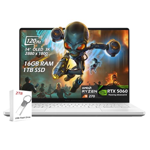 Image of ASUS ROG Zephyrus G14 AI Gaming Laptop 14.0 inch ROG Nebula OLED 2.8K 500nits Display, AMD Ryzen 9 270, RTX 5060 8GB, 16GB LPDDR5X, 1TB SSD, WiFi7, Win11, Platinum White, w /2TB USB Drive, W /GaLiMu