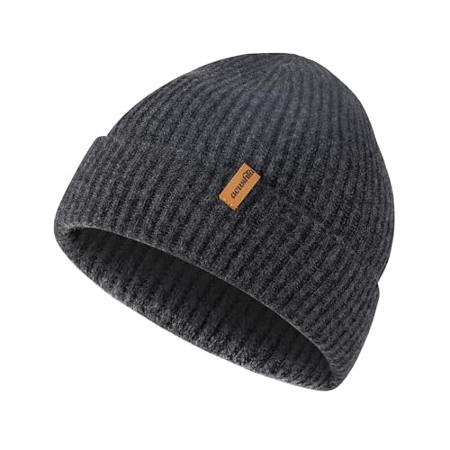 ACUSHLA 100% Merino Wool Beanie for Men & Women Oversize Winter Hat for Big Head Unisex Knit Watch Cap Skull Wrap for Cold Weather M-L Dark Grey