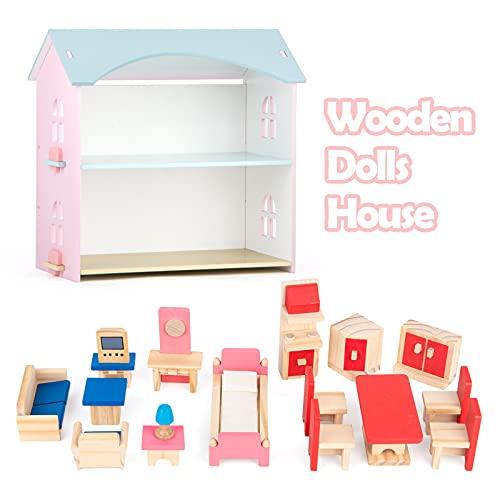 Puppenhaus Holz mit Möbeln und Zubehör, Puppenhaus Klein Gehören Schlafzimmer Küche Wohnzimmer, 22 Stück Mädchen… – Bild 4