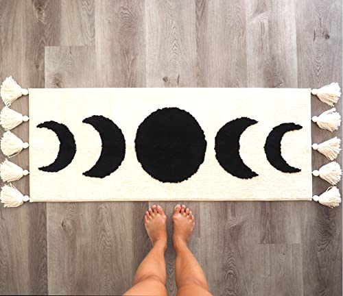 Evovee Half Moon Rug Boho Bathroom Rug Moon Phases Bath Mat with Tassels Bohemian Runner Bedroom Decor Bathroom Bedroom Shower Hippie Witchy Decor Boho Area Rug Beige Cream Taupe Black White