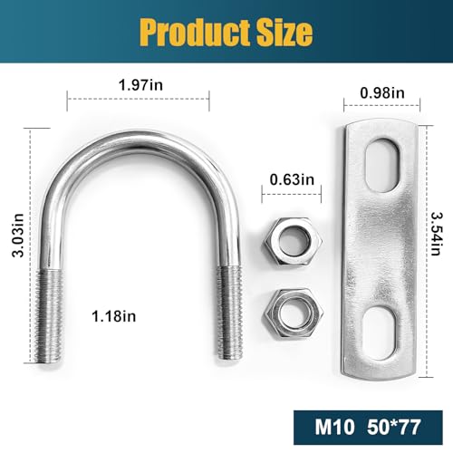 Image of 2 Sets M10 U-Bolt, 2 inch Wide U Bolt with Washers and Nuts, Heavy Duty Galvanized Carbon Steel Round U Bolts for Trailers, Boats, Replacement Parts and Accessories for Ski Boat, Fishing Boat