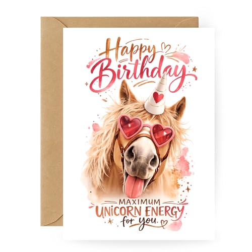 Carte d'anniversaire amusante cheval – Carte Happy Birthday avec cheval, chapeau licorne et lunettes en forme de cœur – Carte d'anniversaire amusante pour...