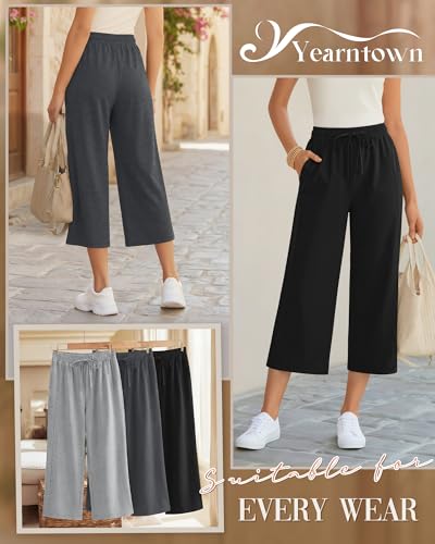 Image of 3 Pack Capri Pants for Women Wide Leg Lounge Yoga Cropped Pants Summer Casual Loose Capris with Pockets