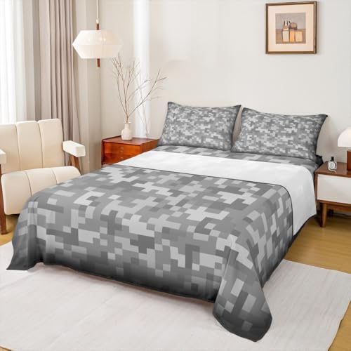 Grey Pixel Grid Bed Sheet King Size,Miner Video Games Bedding