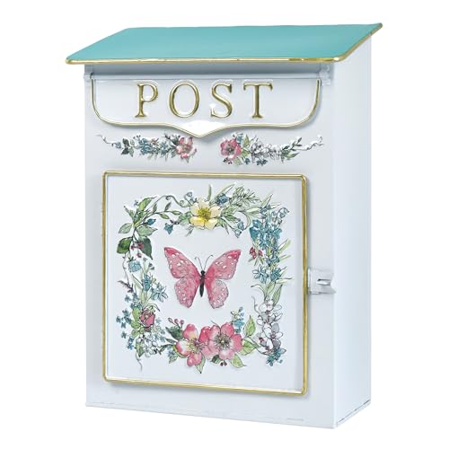 Image of Mailbox Wall Mount Mailboxes for Outside Vintage Mail Boxes for House Outside Metal Drop Box Antique Style Nostalgic Charm Home Decorative, Butterfly Pattern, White