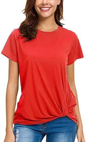 LUSMAY Womens Short Sleeve Loose Twist Knot Front T Shirts Cotton Casual Blouse Red