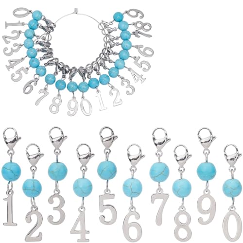 SUNNYCLUE 20Pcs Crochet Marker Charms Number Stitch Markers Stainless Steel 0~9 Numbers Charms Synthetic Turquoise Beaded Locking Knit Markers for Crocheting Knitting Quilting Sewing Jewelry Making