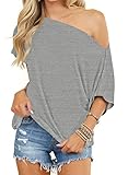 INFITTY Short Sleeve T Shirts for Women Casual Plain Boat Neck Tops Loose Off Shoulder Blouse Gray Small