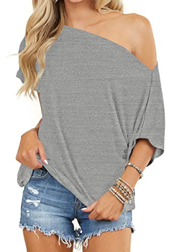 INFITTY Women's Off Shoulder Tops Short Sleeve Casual Loose Batwing Shirts Oversized Blouse Tunic, Grey, X-Large