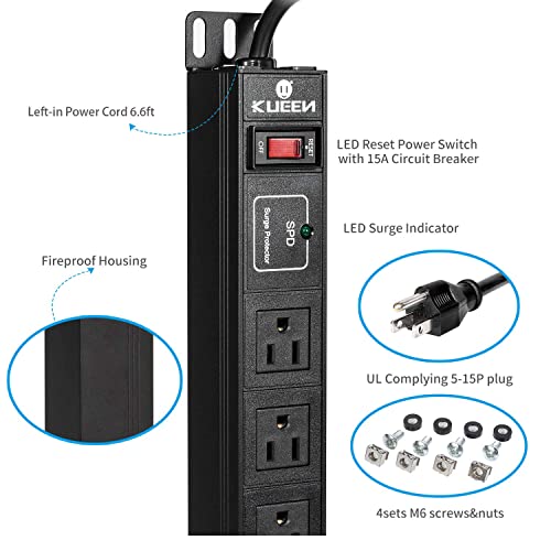 Kueen 19" 1U Rack Mount Pdu Power Strips,Server Rack Power Distribution Unit, 8 Power Outlets,16Awg Sjt 6.6Ft Cord,1U/15A/125V, Aluminum Alloy With Surge Protector And Circuit Breaker On/Off Switch #TOP2