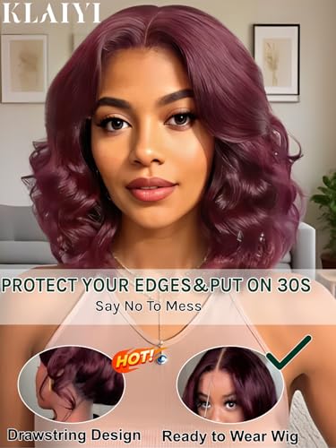 Image of KLAIYI Black Cherry Bob Loose Body Wave Precut 7x5 HD Lace Front Wigs Human Hair Glueless Bye Bye Knots Drawstring Red Burgundy Wig with Curtian Bang Pre Plucked Bleached Ready to Put On And Go 14Inch