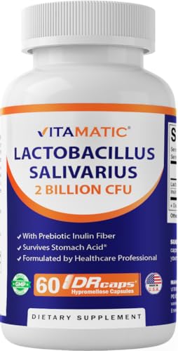 Vitamatic Lactobacillus Salivarius 2 Billion per DR Capsule - 60 Count - Digestive Support - Made with Prebiotic Inulin Fiber (1 Bottle)
